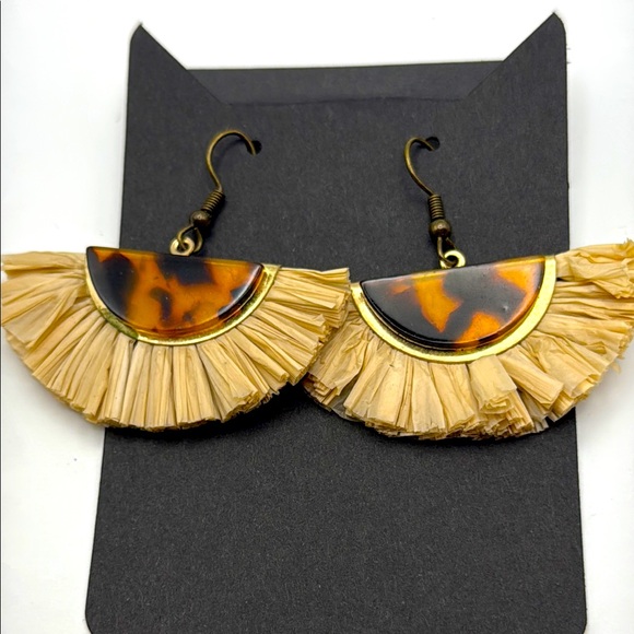 Jewelry - Rattan Fan Tortoise Shell Half Moon Sweeping  Rattan Earrings Gold Tone Base